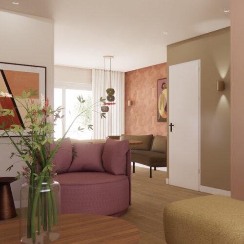 Kleurrijk interieur, doorkijk woonkamer naar eethoek | Ontwerpstudio Nanaa