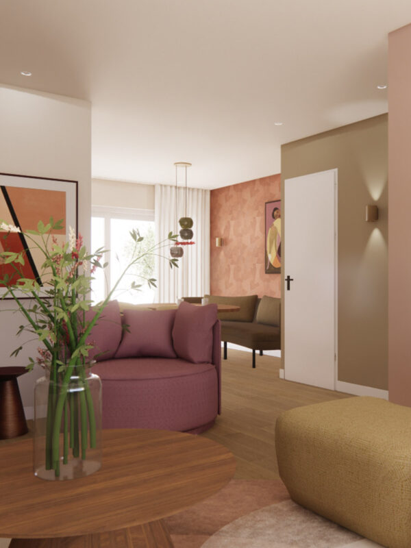 Kleurrijk interieur, doorkijk woonkamer naar eethoek | Ontwerpstudio Nanaa