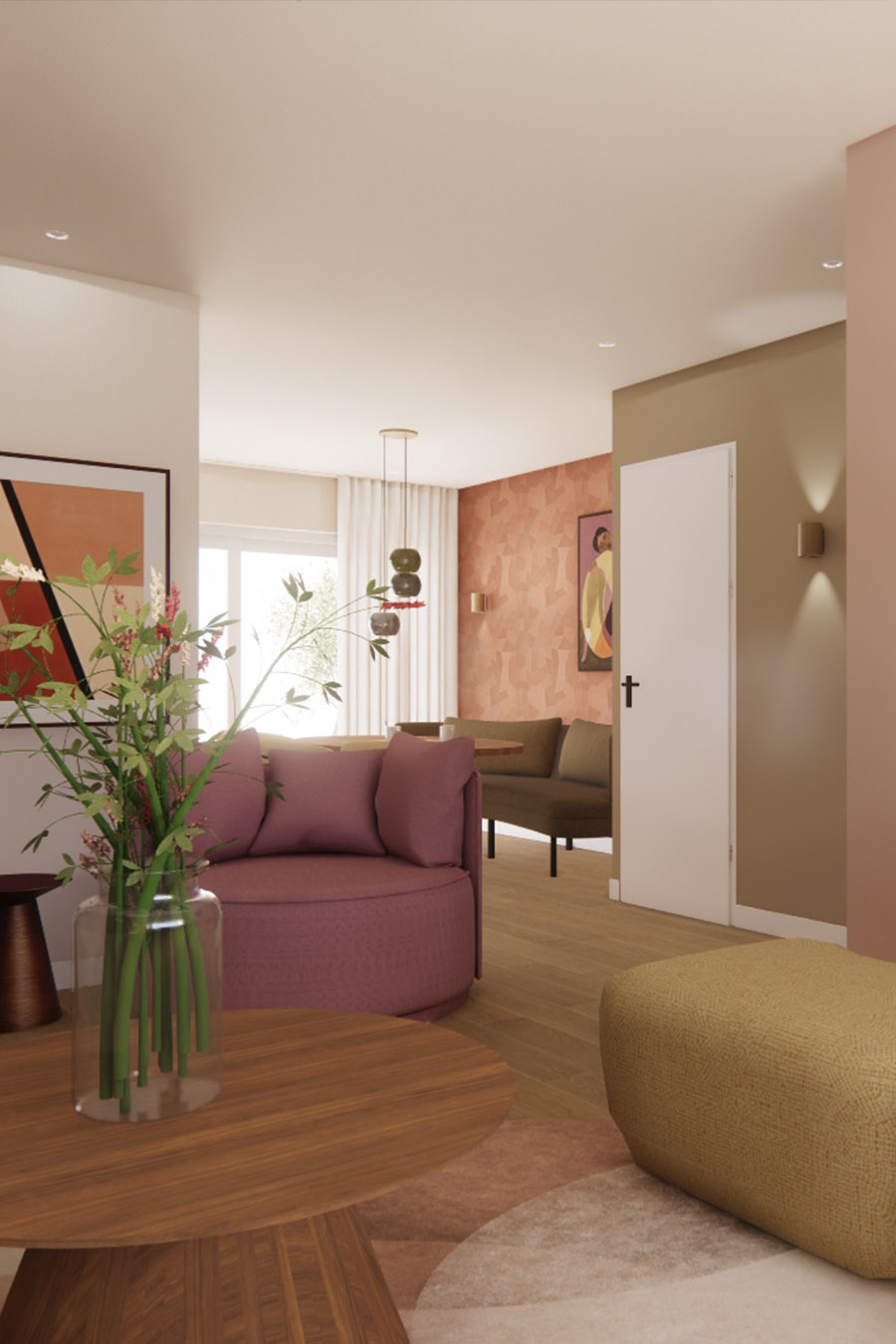 Kleurrijk interieur, doorkijk woonkamer naar eethoek | Ontwerpstudio Nanaa