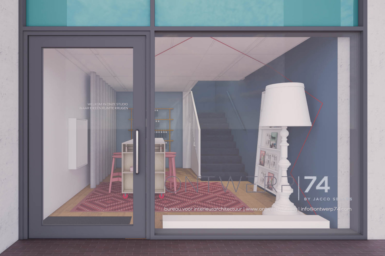 Impressie logo op gevel, Ontwerp 74 interieurarchitect | Ontwerpstudio Nanaa