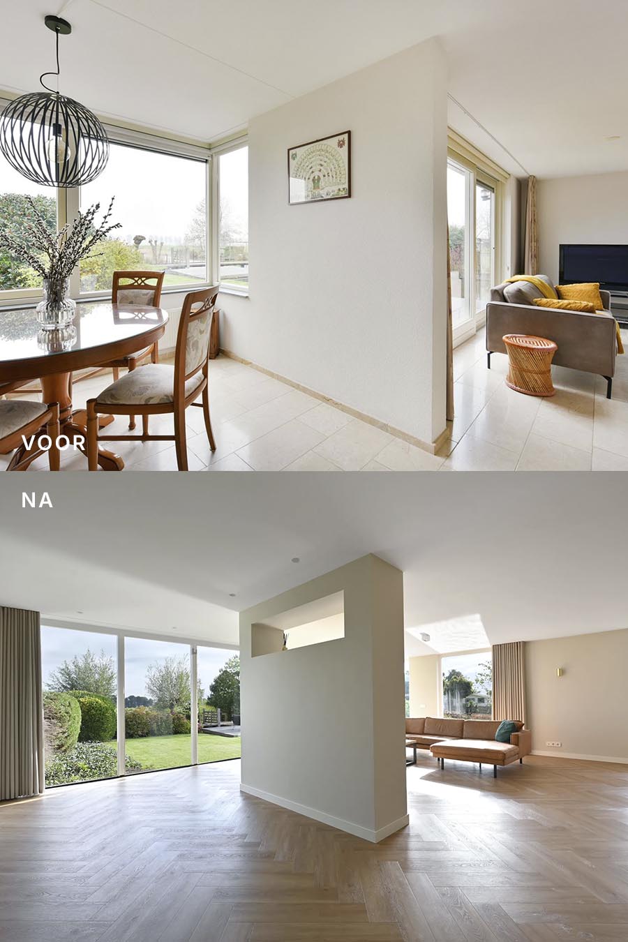 Voor en na van een uitbouw en roomdivider | Ontwerpstudio Nanaa