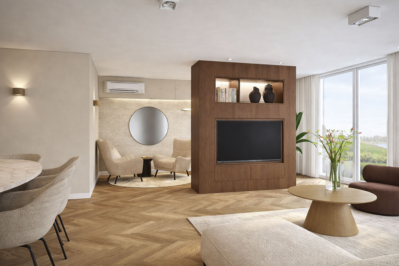 Visualisatie van interieur in warm Japandi met roomdivider | Ontwerpstudio Nanaa