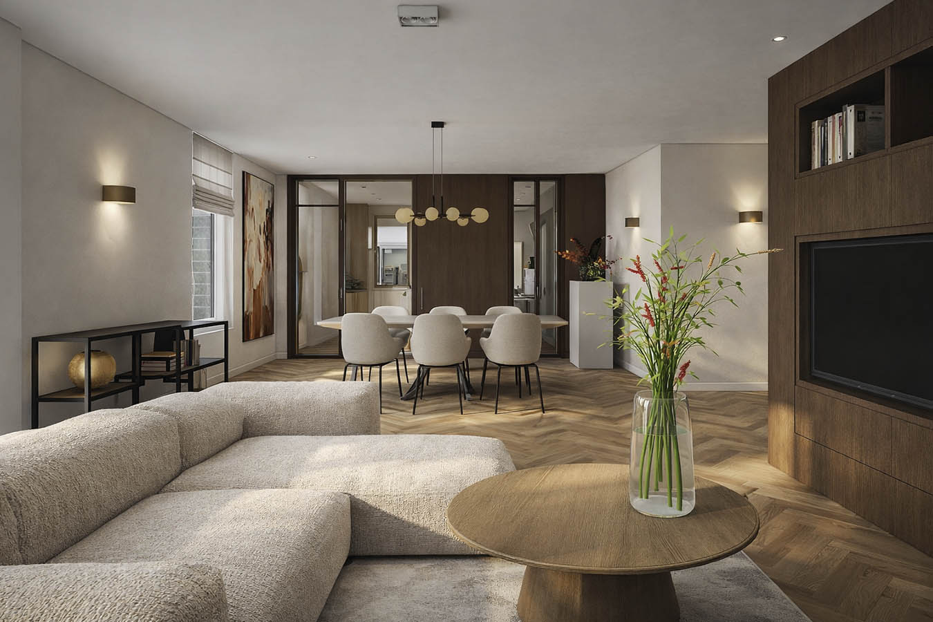 Ontwerp woonkamer en eethoek in warme Japandi stijl | Ontwerpstudio Nanaa