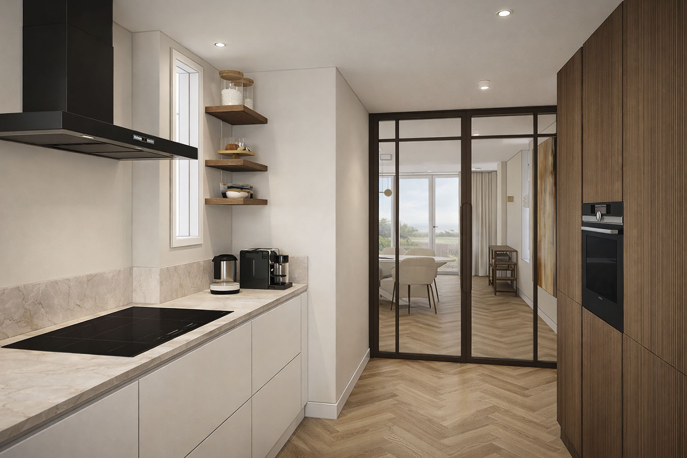 Keukenontwerp walnoot met stalen pui als scheidingswand | Ontwerpstudio Nanaa