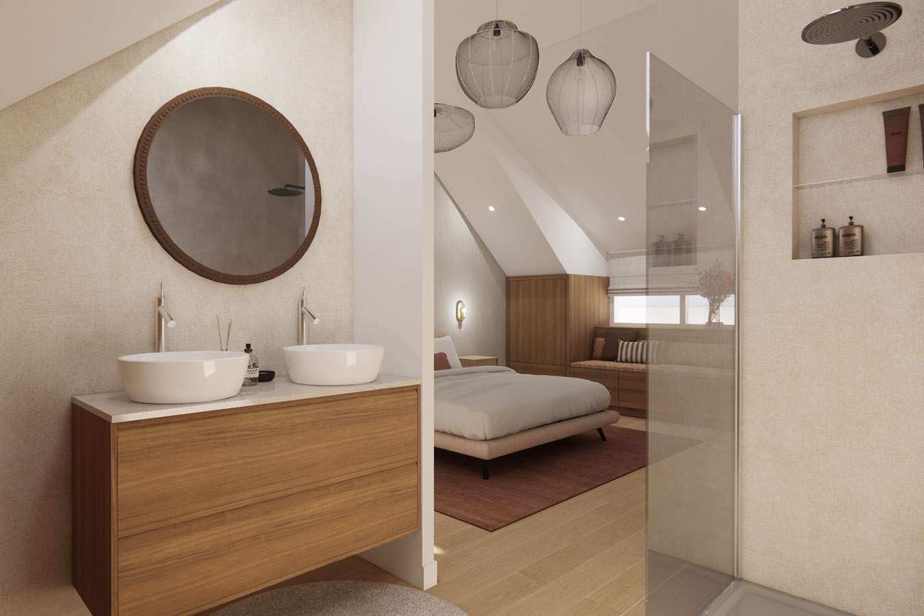 Ontwerp luxe badkamer op zolder, slaapkamer met douche | Ontwerpstudio Nanaa