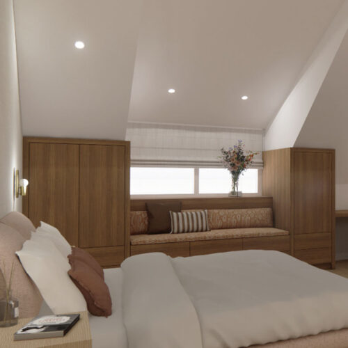 Ontwerp inbouwkasten op slaapkamer, zitbankje onder raam | Ontwerpstudio Nanaa
