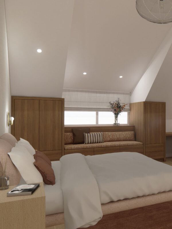 Ontwerp inbouwkasten op slaapkamer, zitbankje onder raam | Ontwerpstudio Nanaa