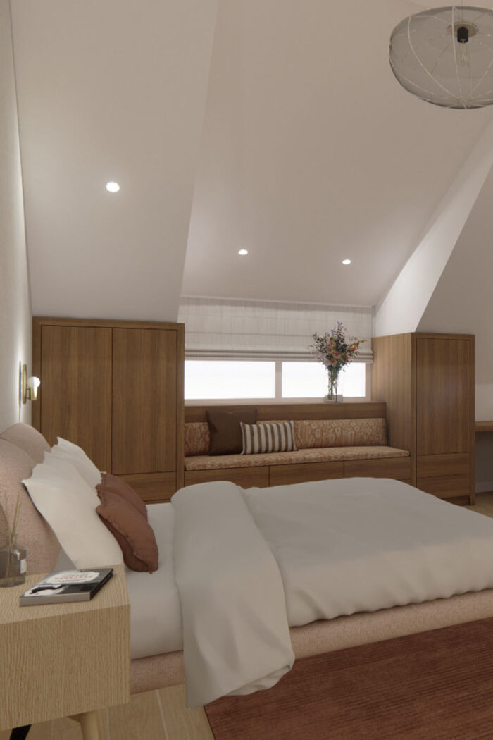 Ontwerp inbouwkasten op slaapkamer, zitbankje onder raam | Ontwerpstudio Nanaa