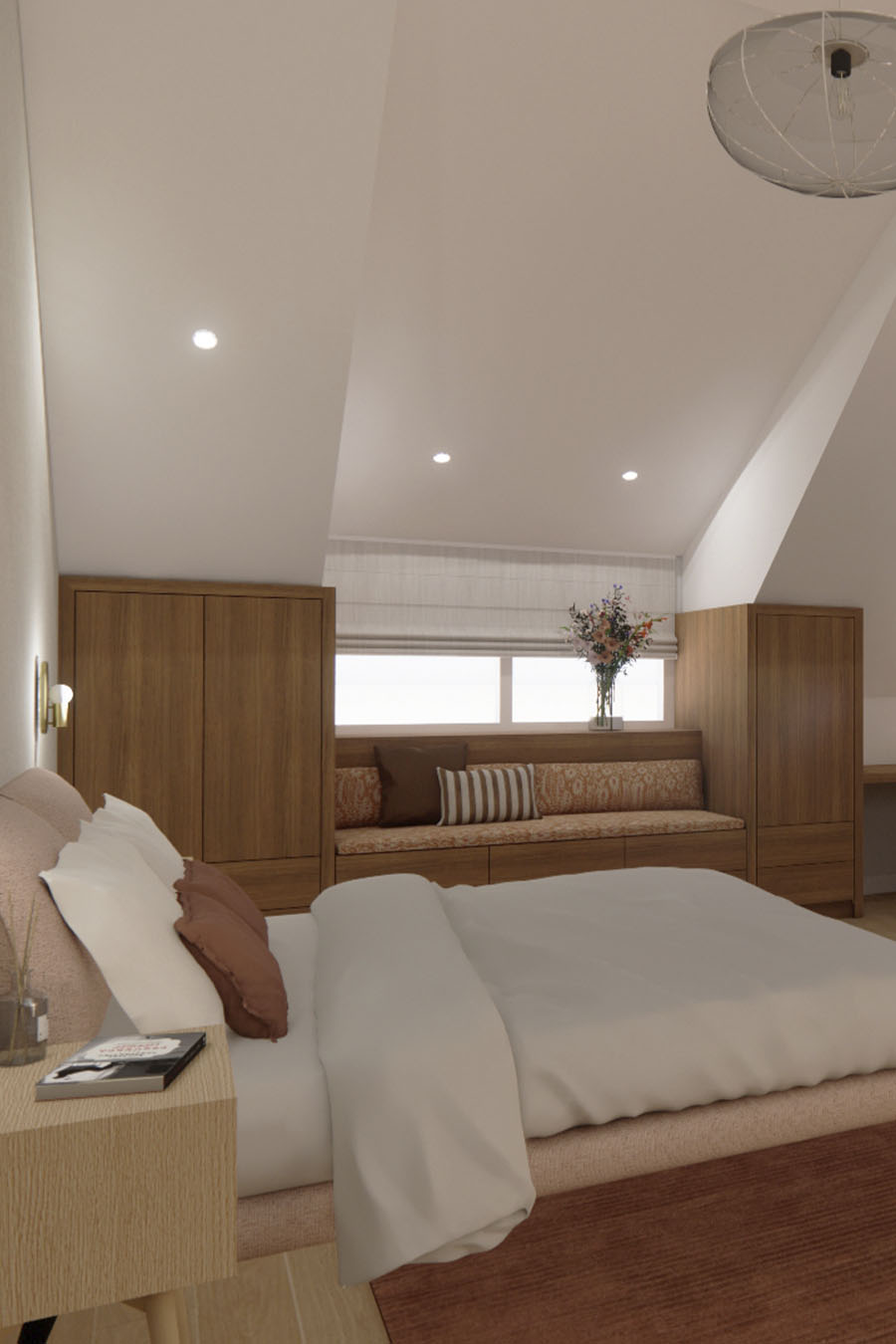 Ontwerp inbouwkasten op slaapkamer, zitbankje onder raam | Ontwerpstudio Nanaa